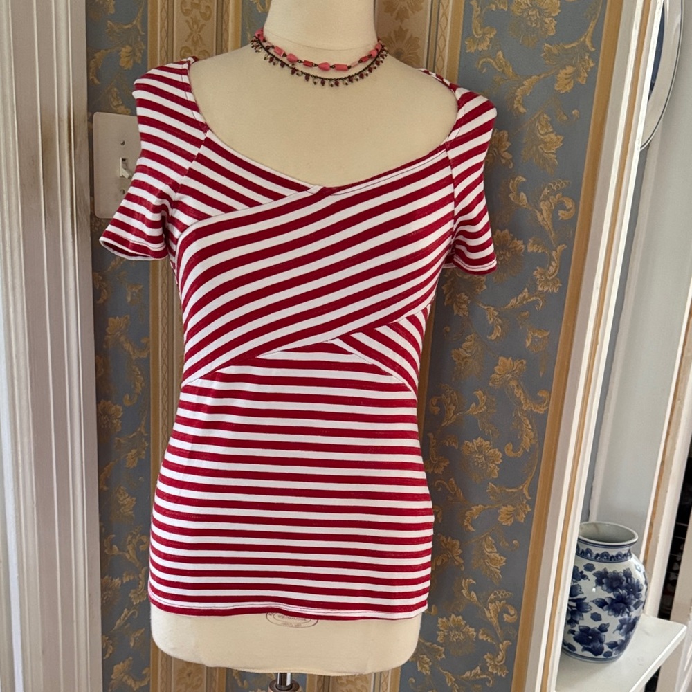 Three Dots Red and White Striped Blouse
